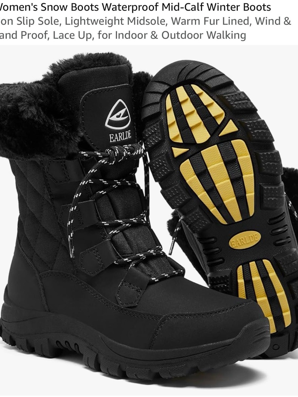 EarlDe Women's Black Fur-Lined Waterproof Mid-Calf Snow Boots
